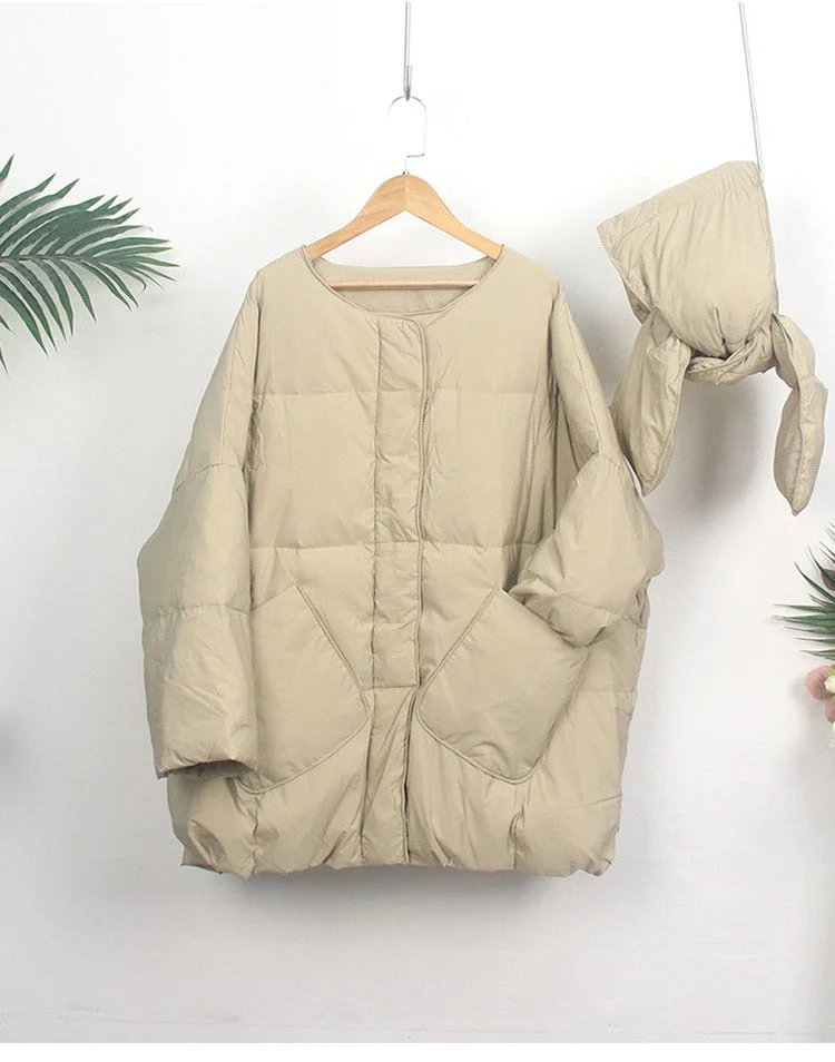 FTLZZ Winter Loose Down Jacket Women 90% White Duck Down Coat Round Neck Loose Thick  Parkas Female Warm Snow Outwear Up Scarf