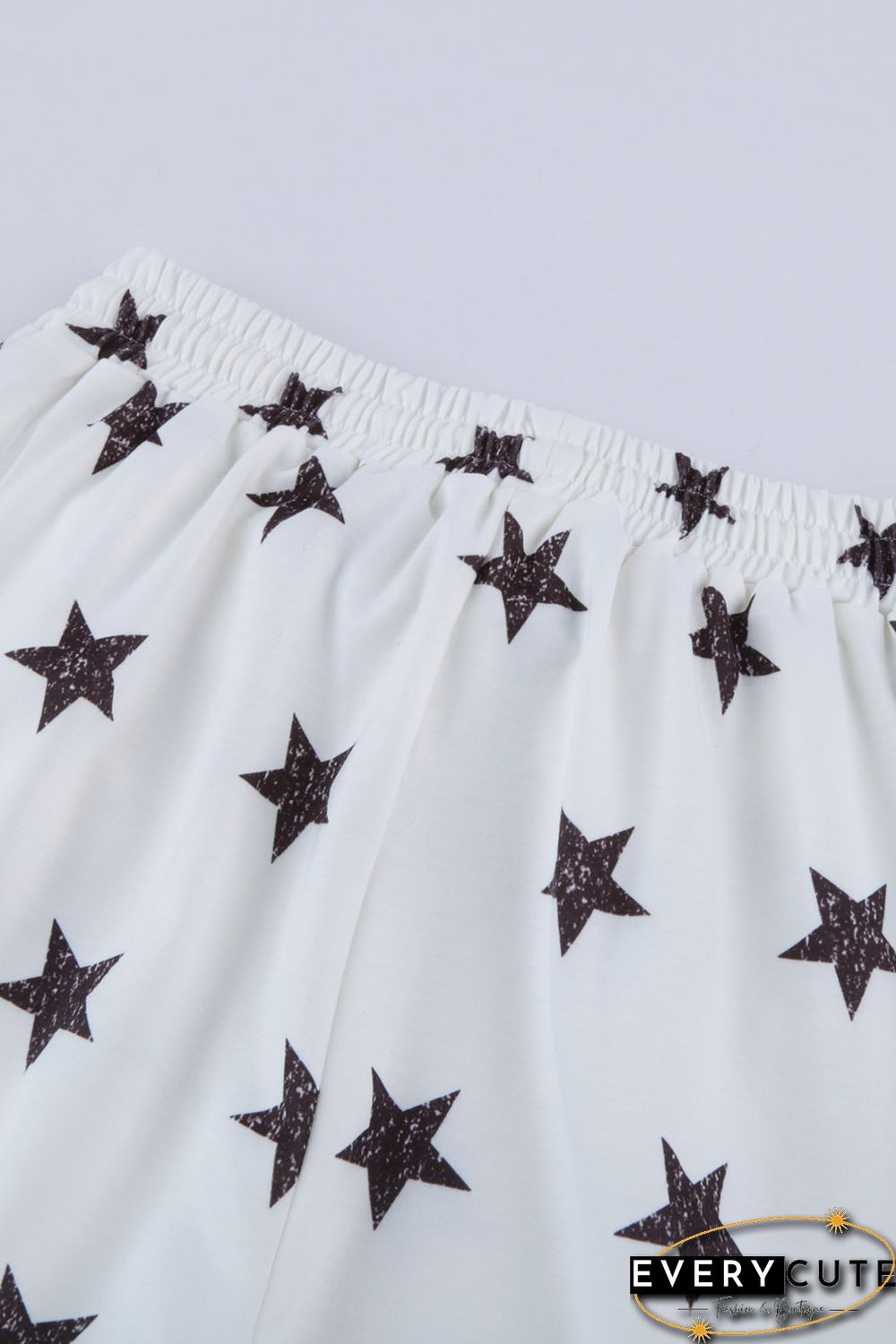 White Crew Neck Star Print Drawstring Loungewear Set with Pocket