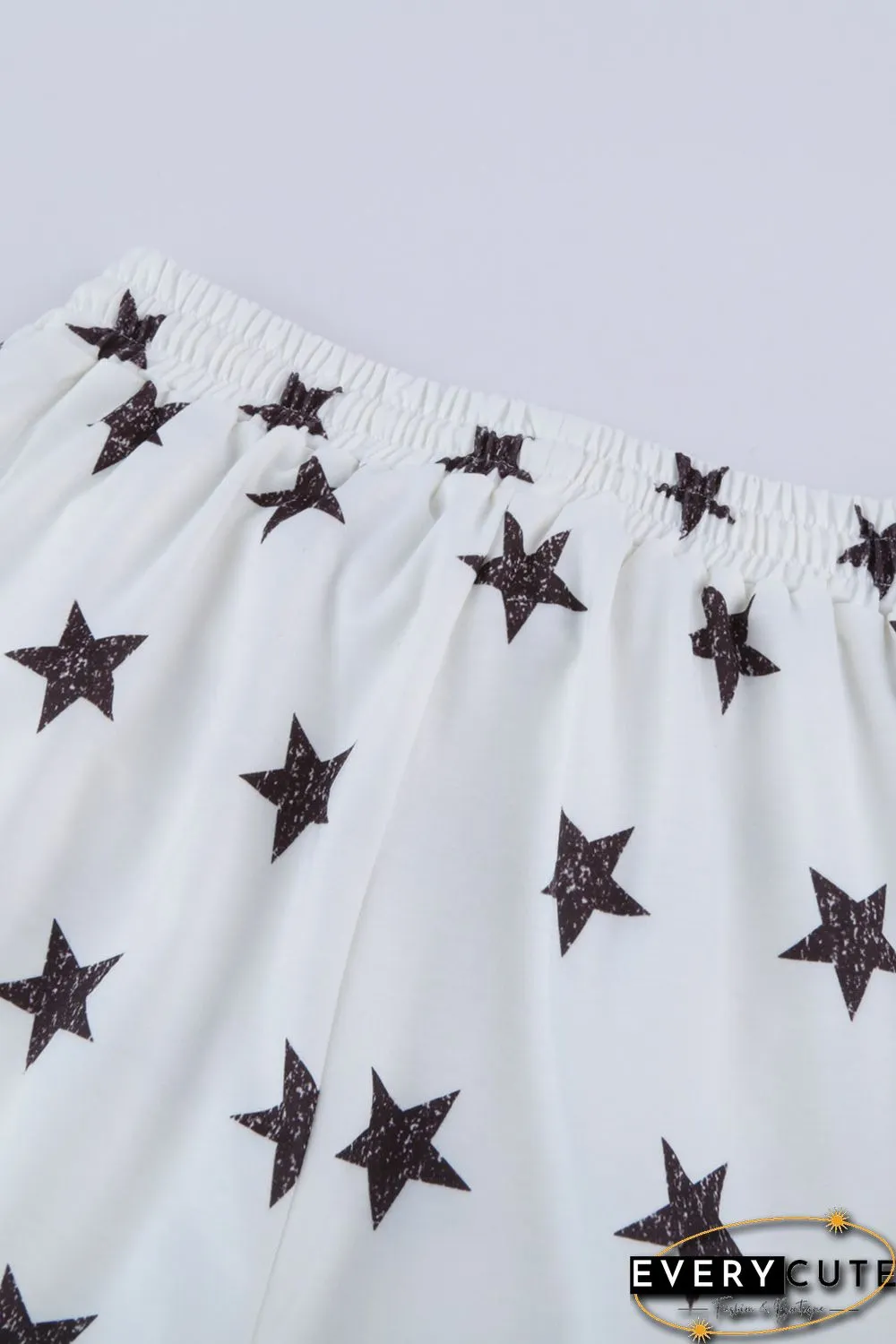 White Crew Neck Star Print Drawstring Loungewear Set with Pocket