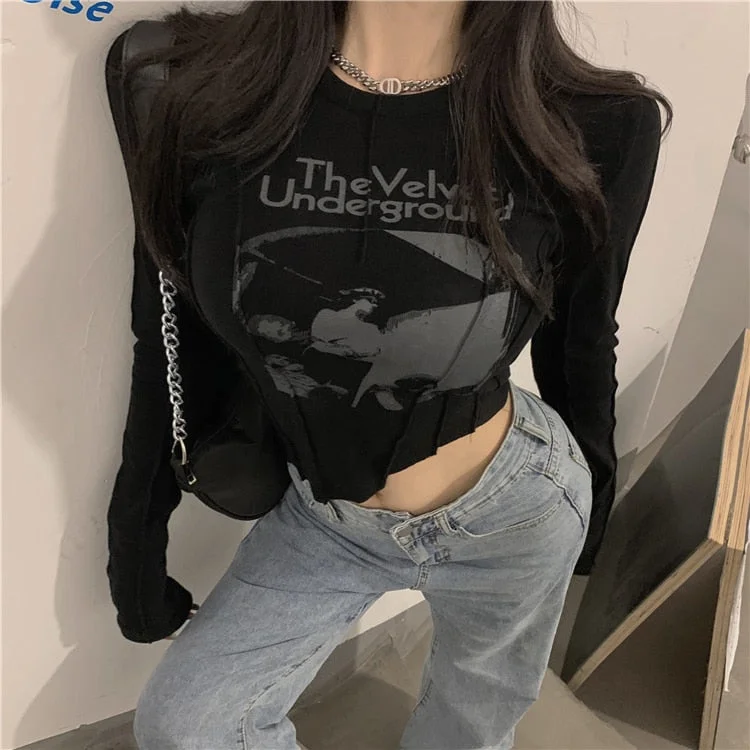 Graphic Print Cropped Tops 90s Vintage Women Long Sleeve Skinny T-shirt Y2K Female Autumn Basice Tees Harajuku Streetwear