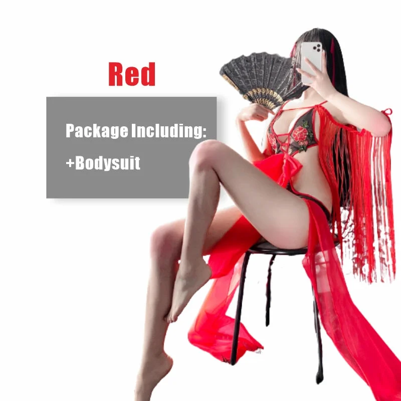 OJBK Sexy Cosplay Costumes Ribbon Lace Dancing Suit For Women Erotic Lingerie See Through Red Slim Curve Bodysuit Backless Dress