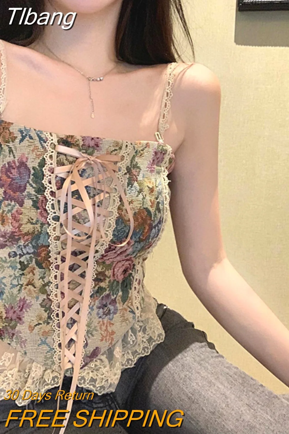 Tlbang Vintage Print Sleeveless Tops Women Lace Elegant Party Princess Strap Top Female Korean Style Sweet Clothing Summer 2023