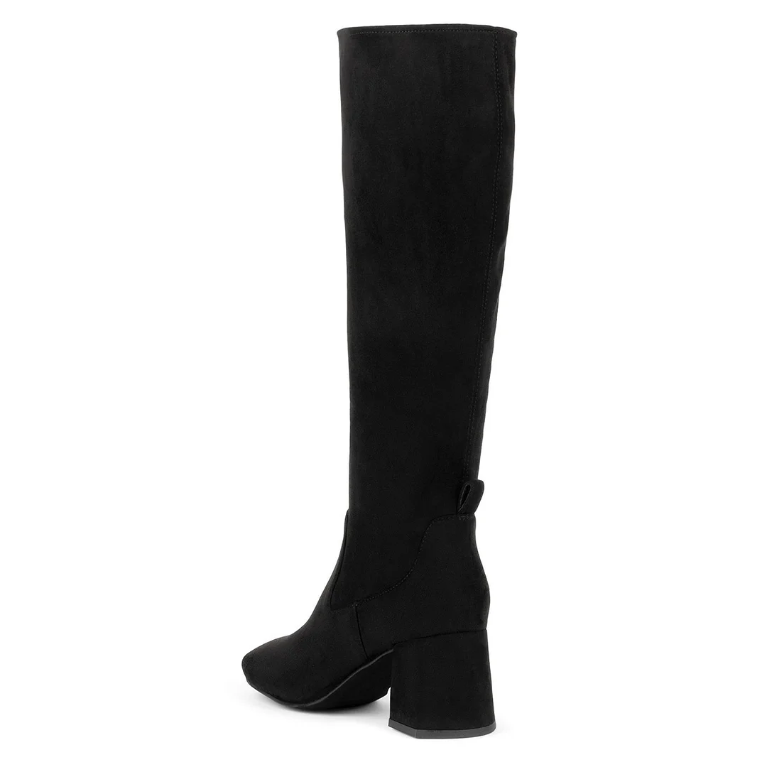 Black Vegan Suede Round Toe Chunky Heel Knee High Boots with Zipper
