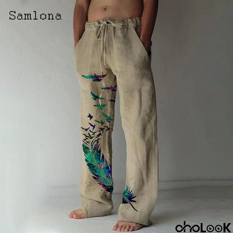 Men Pocket Design Linen Fabric Drawstring Loose Plus Size Fashion Feather Print Pants