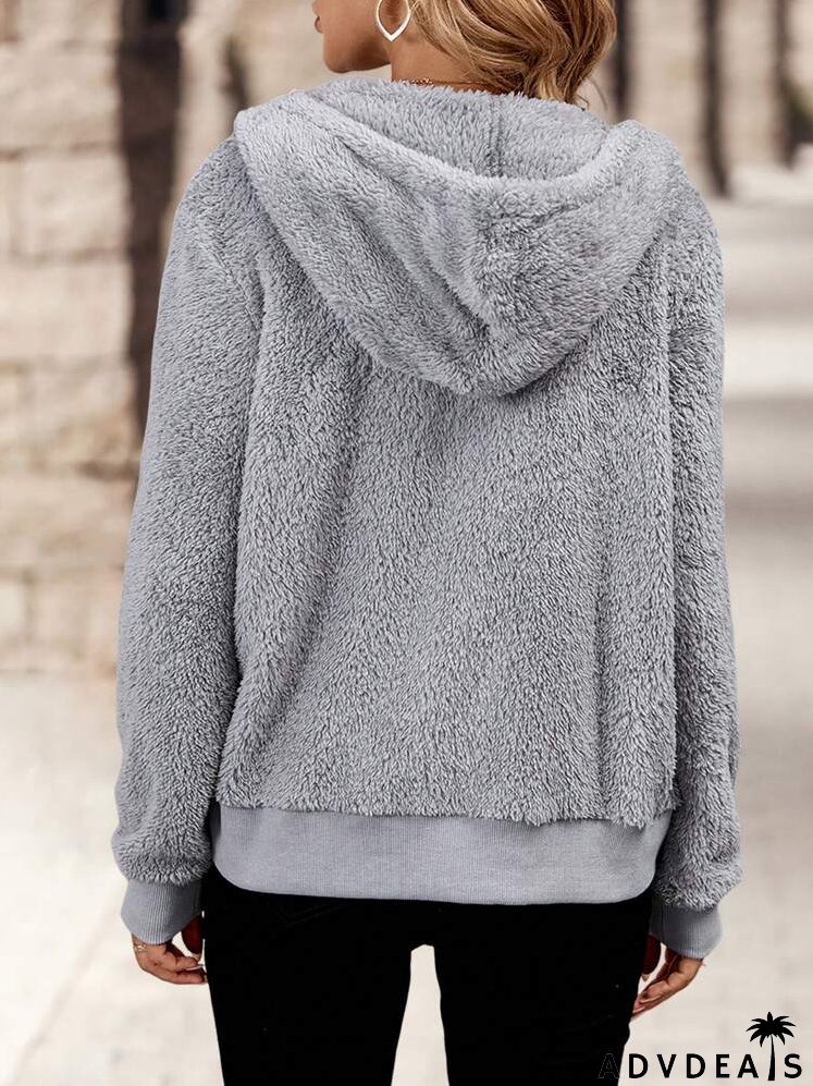 Casual Solid Color Fuzzy Drawstring Hoodie, Autumn & Winter