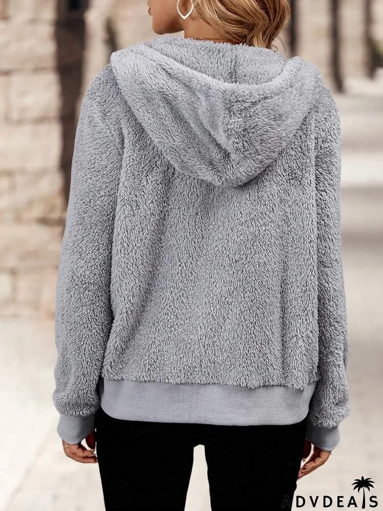 Casual Solid Color Fuzzy Drawstring Hoodie, Autumn & Winter