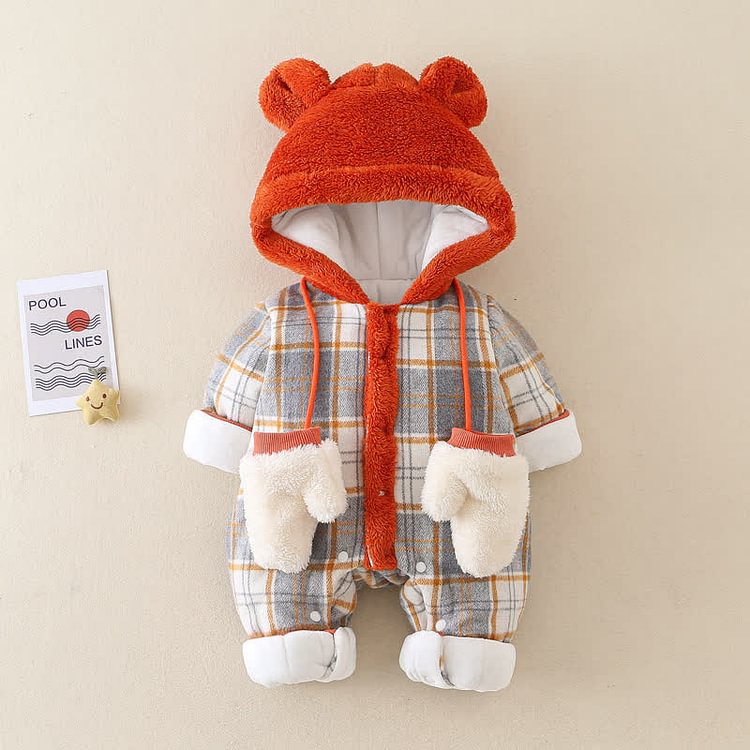 Baby Plaid Hooded Warm Romper with Mittens