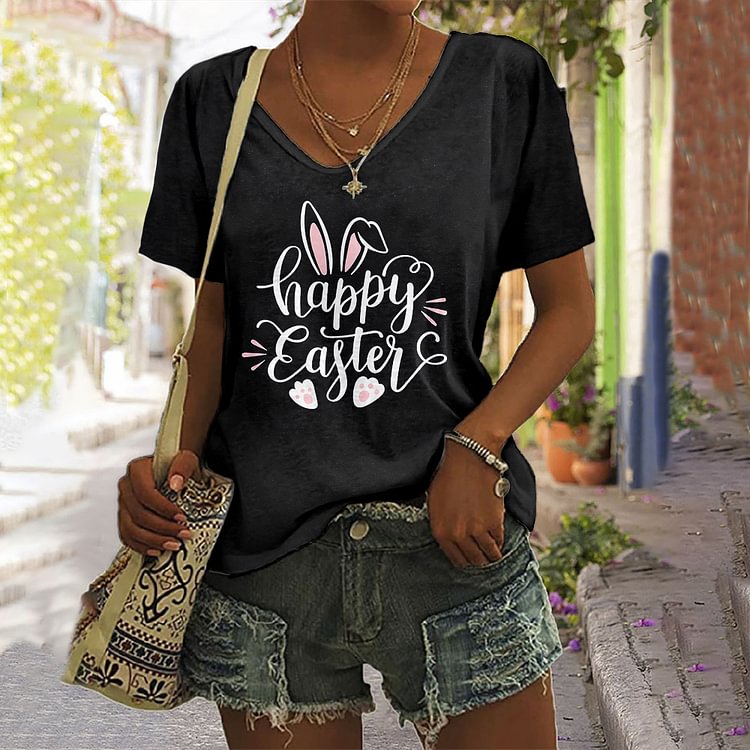 Comstylish Easter Print V-Neck Casual T-Shirt