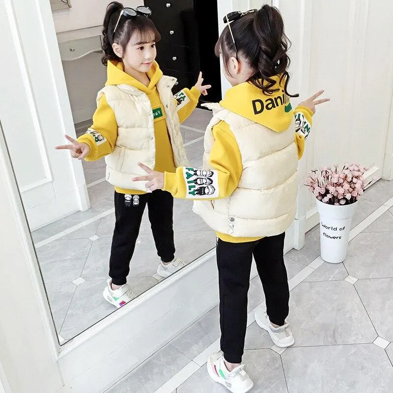 Quality 3PCS Set Warm Winter Spring Autumn Sweater Pants Vest Sets Kids Girl Suits Sports Plus Velvet Outfits Toddler Children