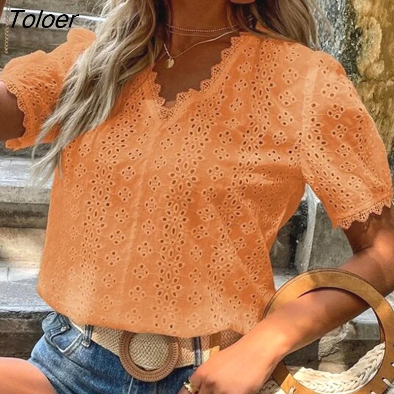 Toloer Lace Shirts Women Summer Puff Sleeve Tops Vintage Elegant Pullover White Blouse Women Fashion V-neck Solid Shirt 21385
