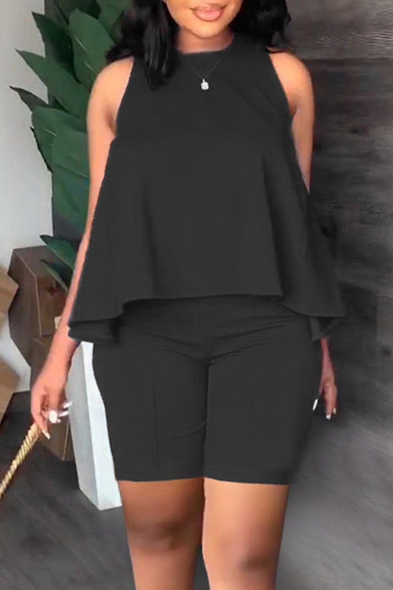 Casual Loose O-neck Sleeveless T-Shirt Shorts Set Office Lady Summer Fashion Elegant Solid Two Piece Set Women Outfit 2023 Black LANFUBEISI