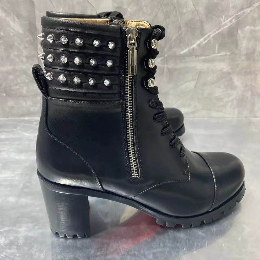 70mm/2.76 inch Women's Zipper Mid-Calf Boots Round Toe Rivet Chunky Heel Red Bottom Boots-vocosishoes