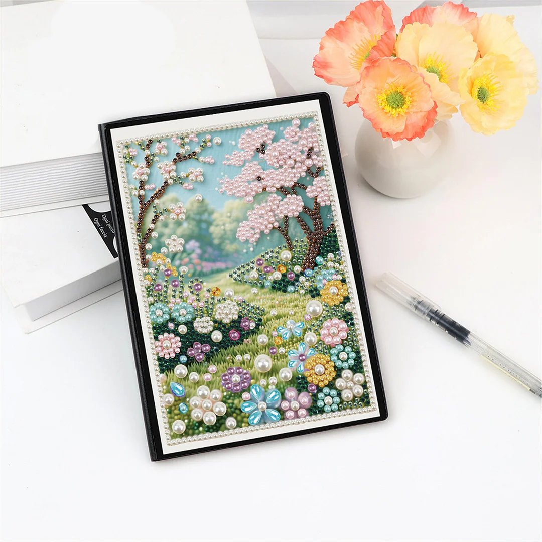 Spring Forest Partial Pearl DIY 50 Pages A5 Diamond Painting Notebook Special Shaped Diamond Art Diary Book Kits Wireless Strip 5D Crystal Art Paintings Sketchbook for Art Drawing