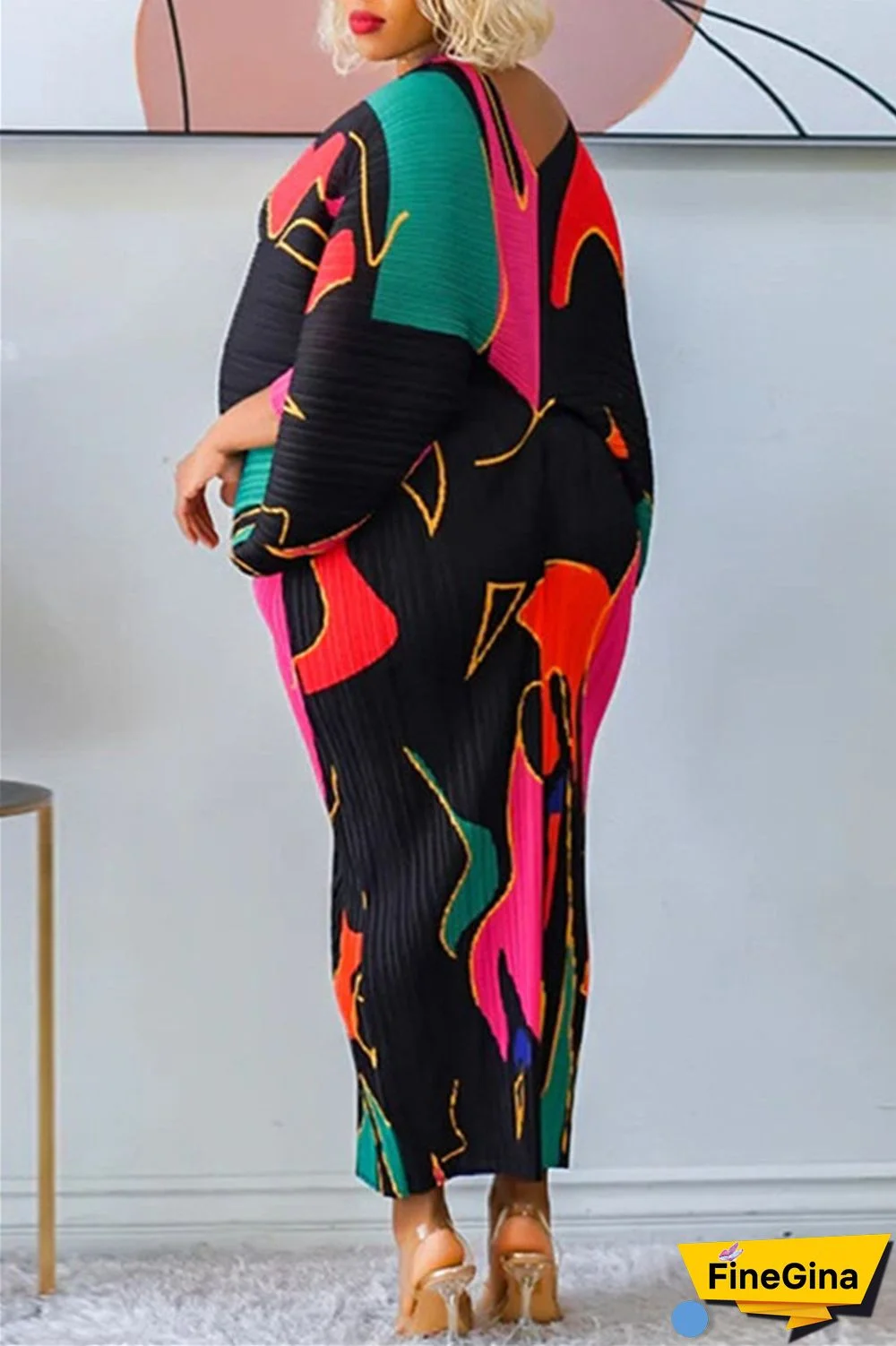 Pink Purple Casual Print Patchwork V Neck Pencil Skirt Plus Size Dresses