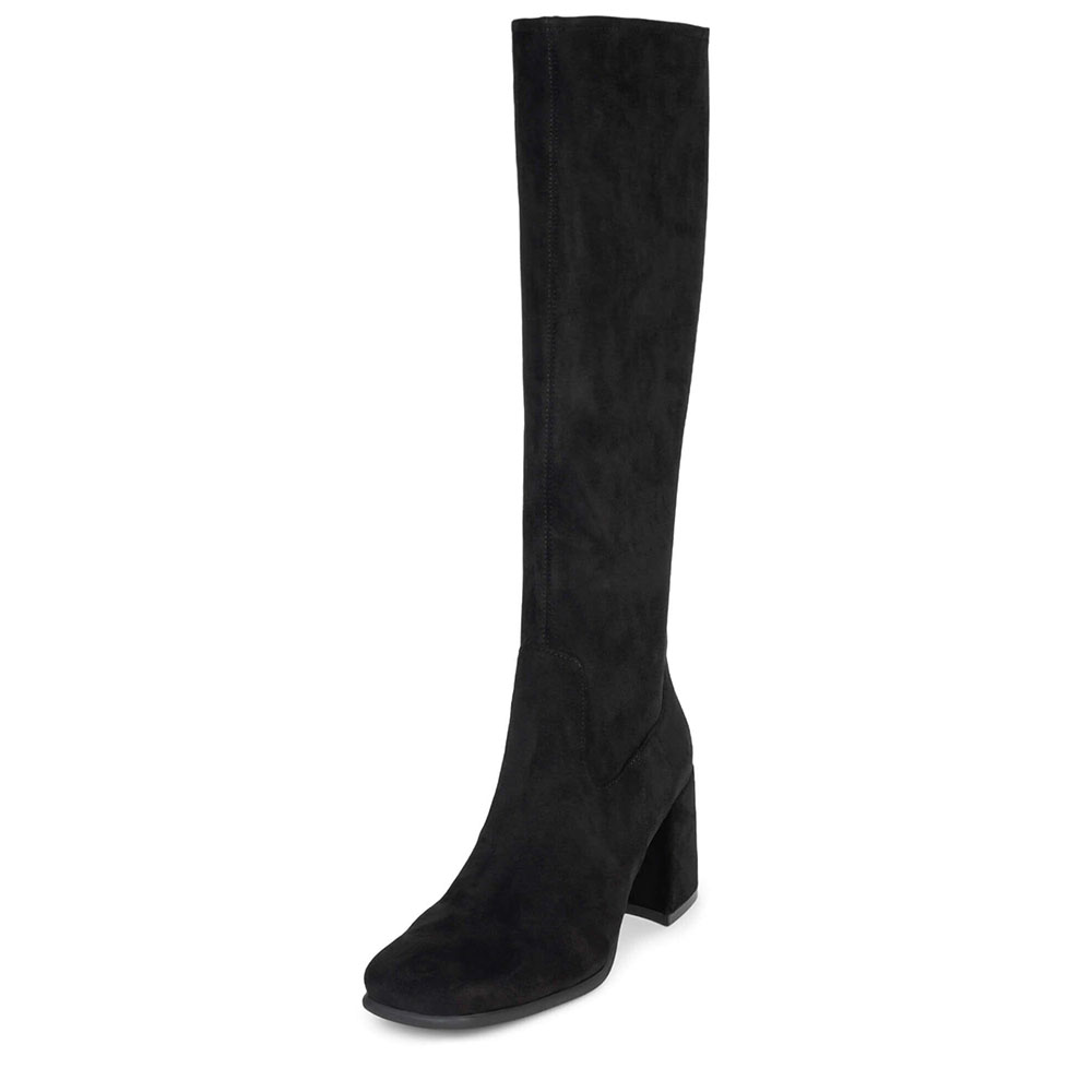 Black Faux Suede Square Toe 3'' Chunky Heel Wide Calf Knee High Boots Nicepairs