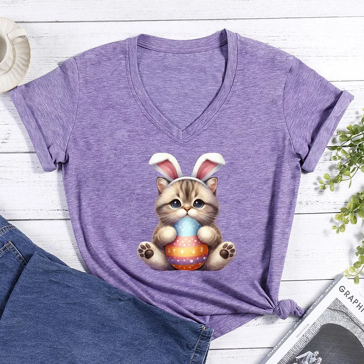 Happy Easter from cat with bunny headband V-neck T Shirt-0025238