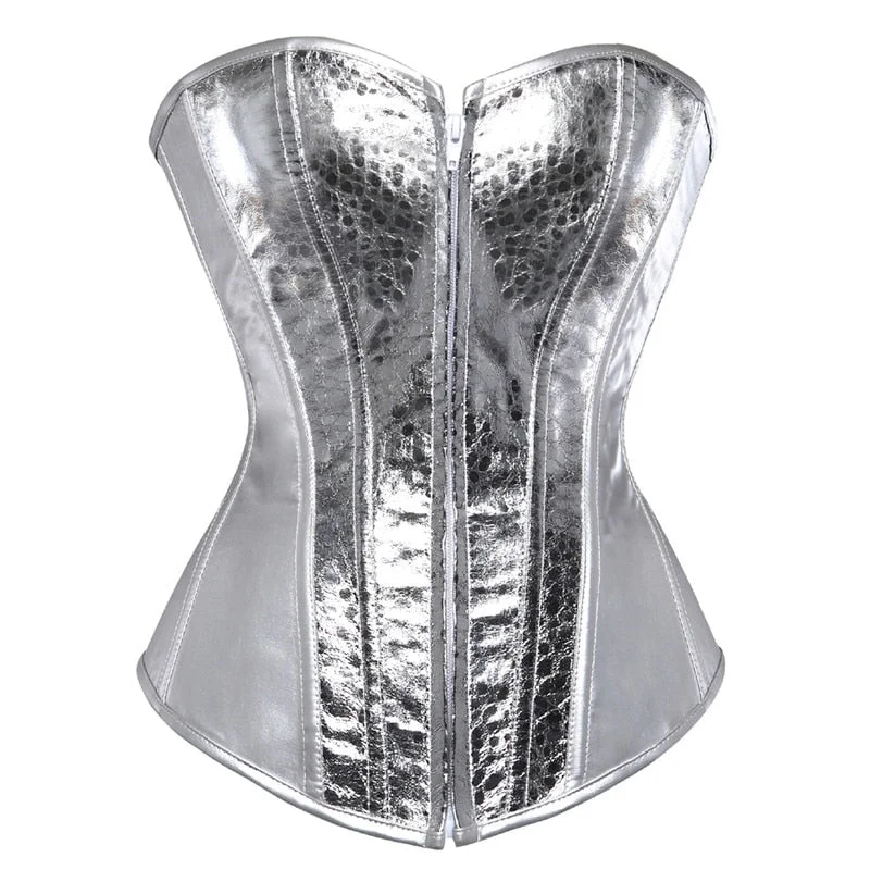 Sapubonva corset bustier top women vintage style gold silver overbust corset leather nightclub sexy korsett lingerie strapless