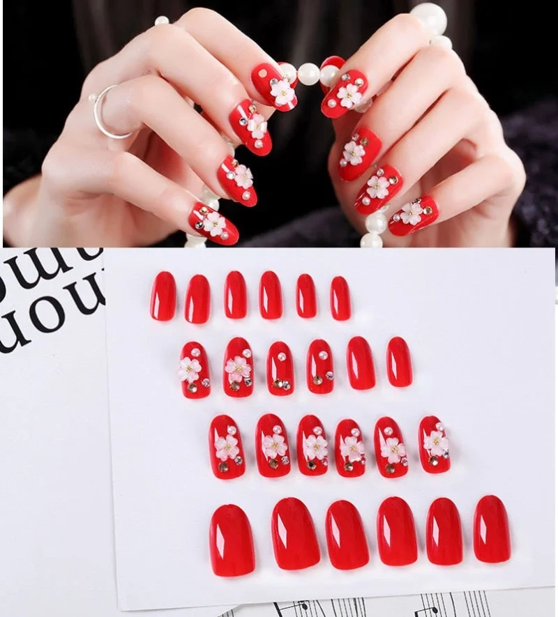 24Pcs/Set Fake Nails Press on Girls Finger Beauty False Nail Art Tips Bright Shining 3D Diamond Full Cover French Nail Art Tips-Nail Inspo