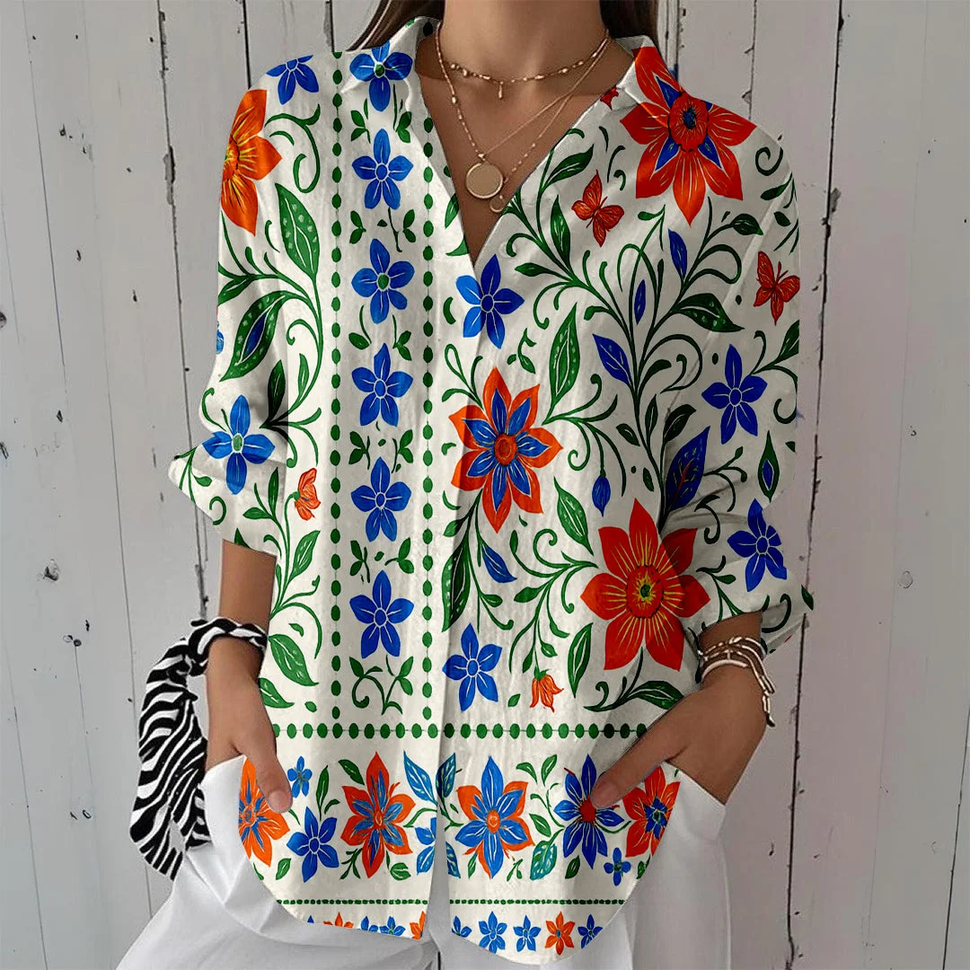 Style & Comfort for Mature Women Women Tropical, Floral, Blue DZCL0088 3/4 Sleeve Shirt Collar Printed Button Tops