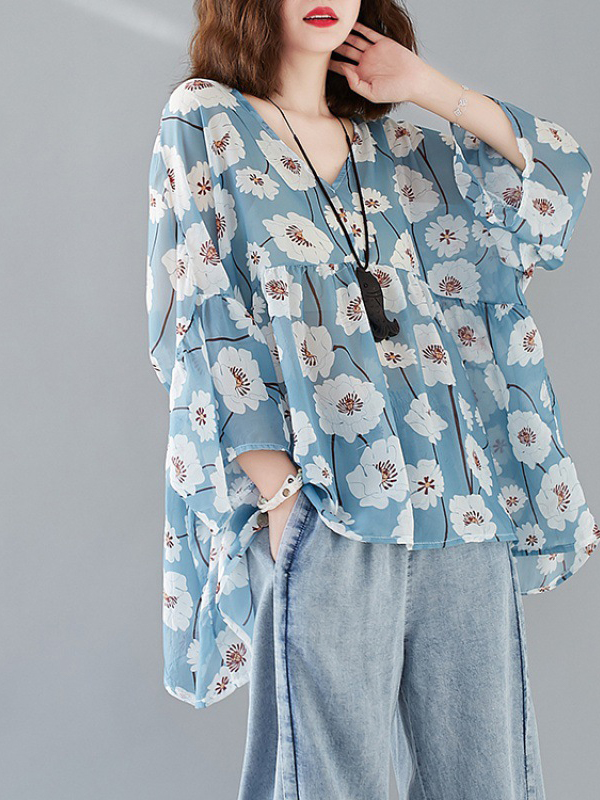 Floral Print V Neck Loose Blouses