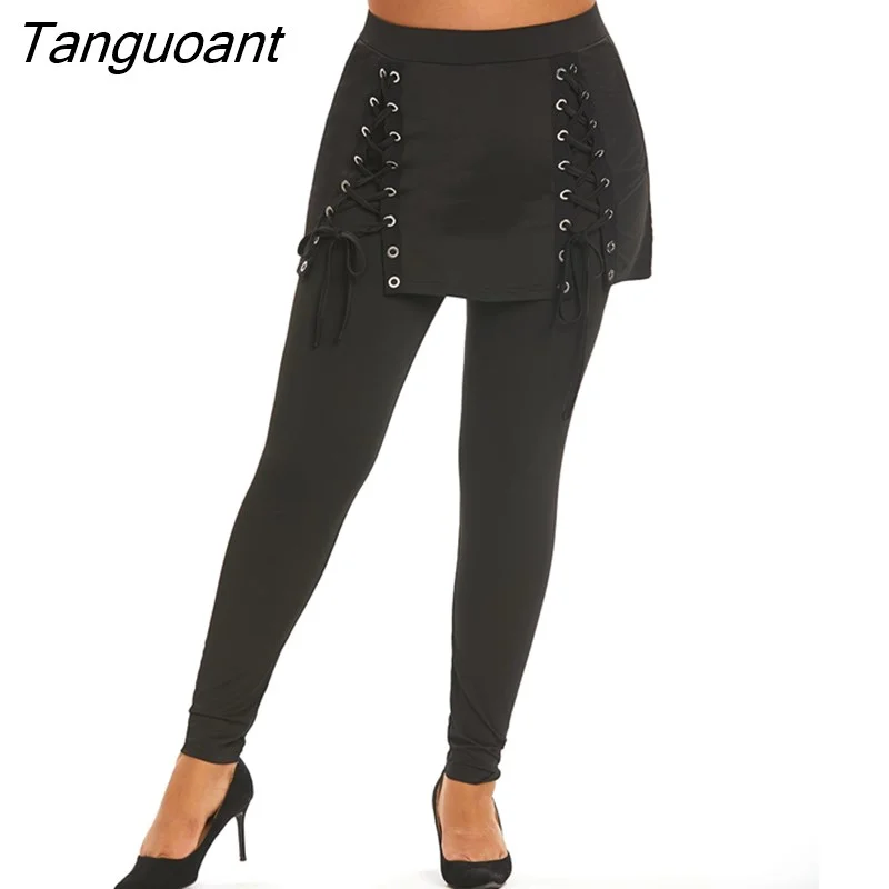 Tanguoant Women Fall Winter Skinny Pant Black Trouser Mujer High Waist Lace Up 2 In 1 Skirted Leggings Fake Two-Piece Pull On Pant