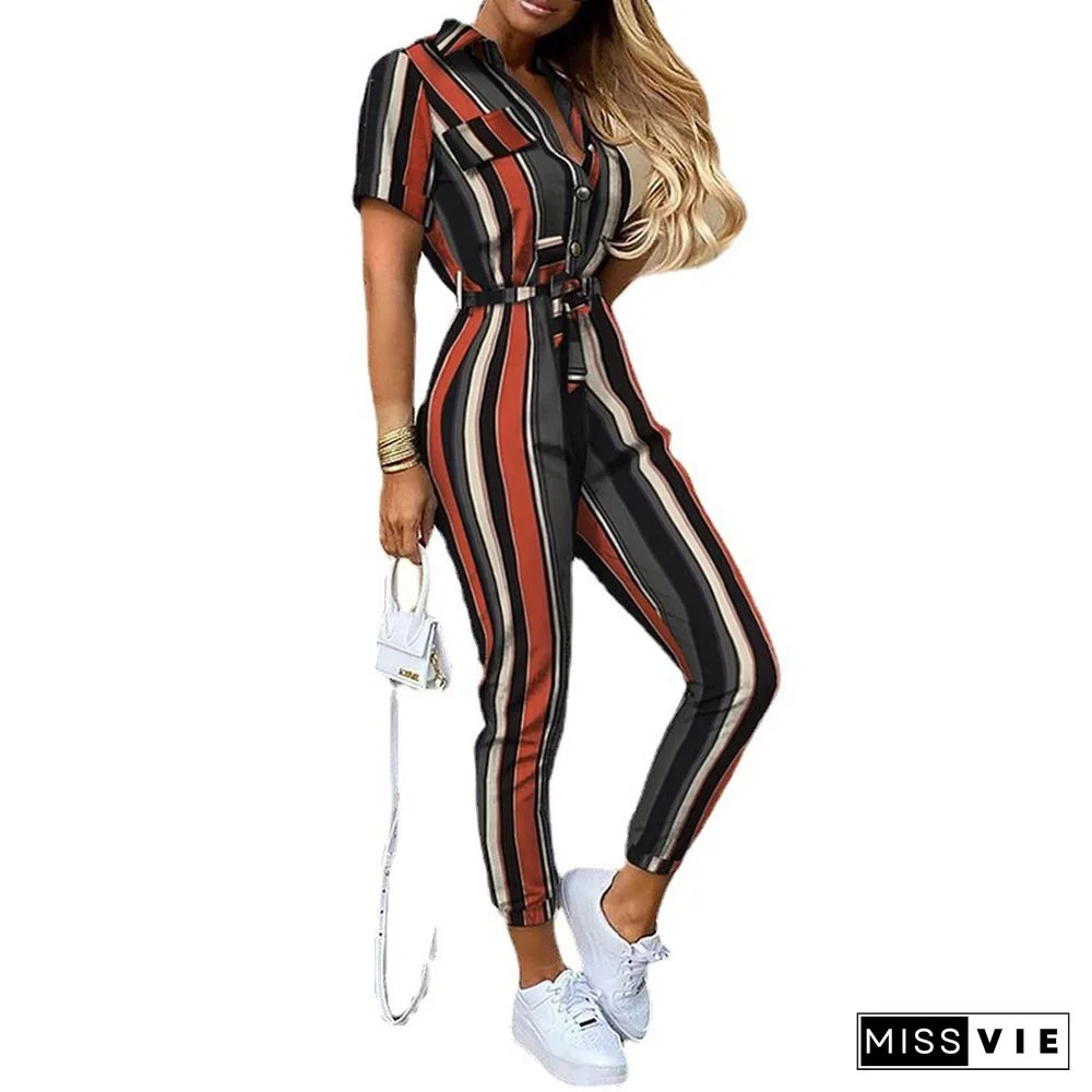 Casual Lapel Buckle Printed Belt Tooling Jumpsuit