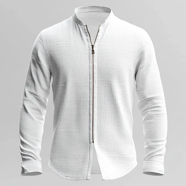 Men's Stand Collar Long Sleeve Zip Up Shirt