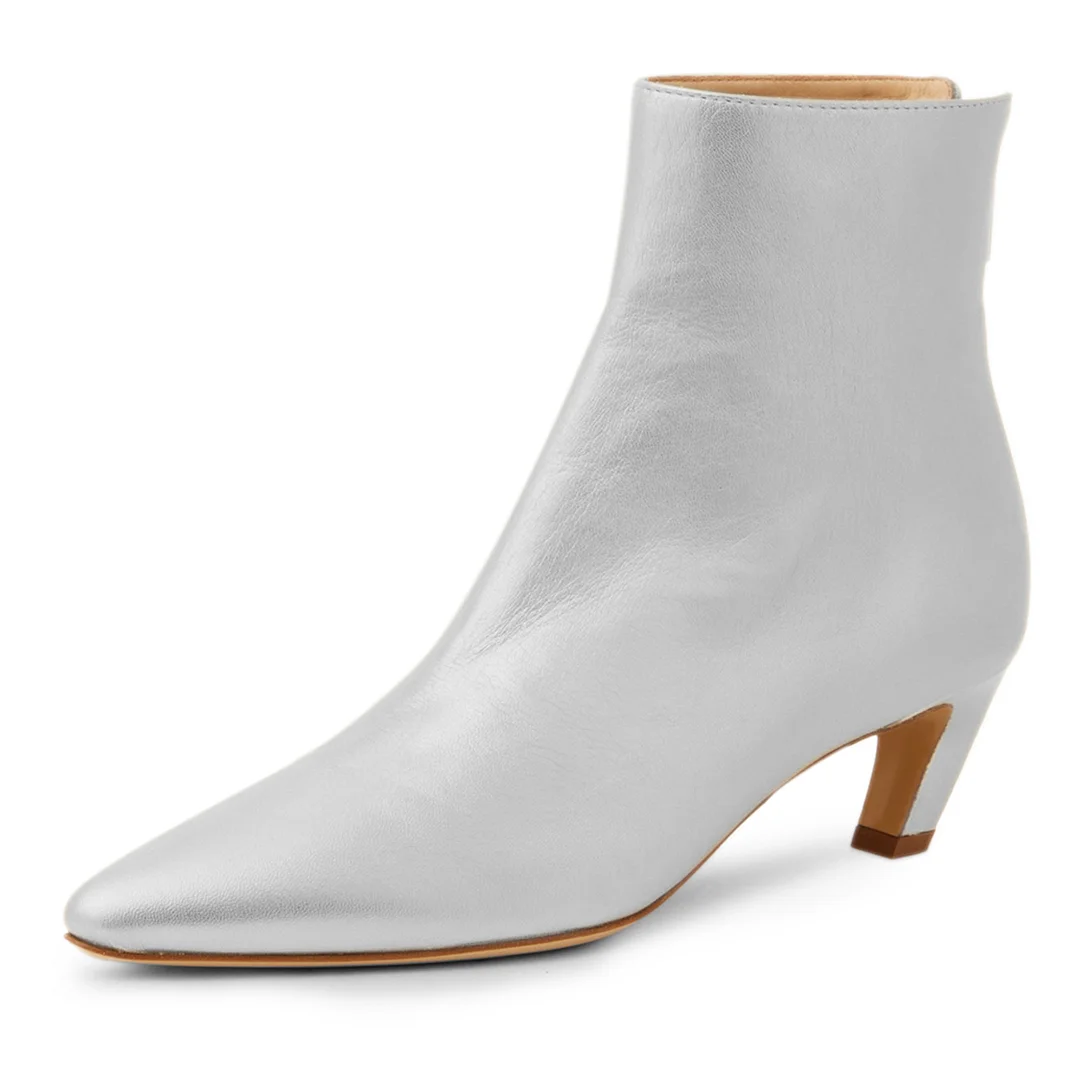 Vegan Leather Pointed Toe Back-Zip Kitten Heel Ankle Boots in Silver