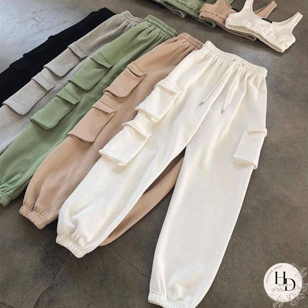 Multi-pocket Sweatpants Women Casual High Elastic Waist Drawstring