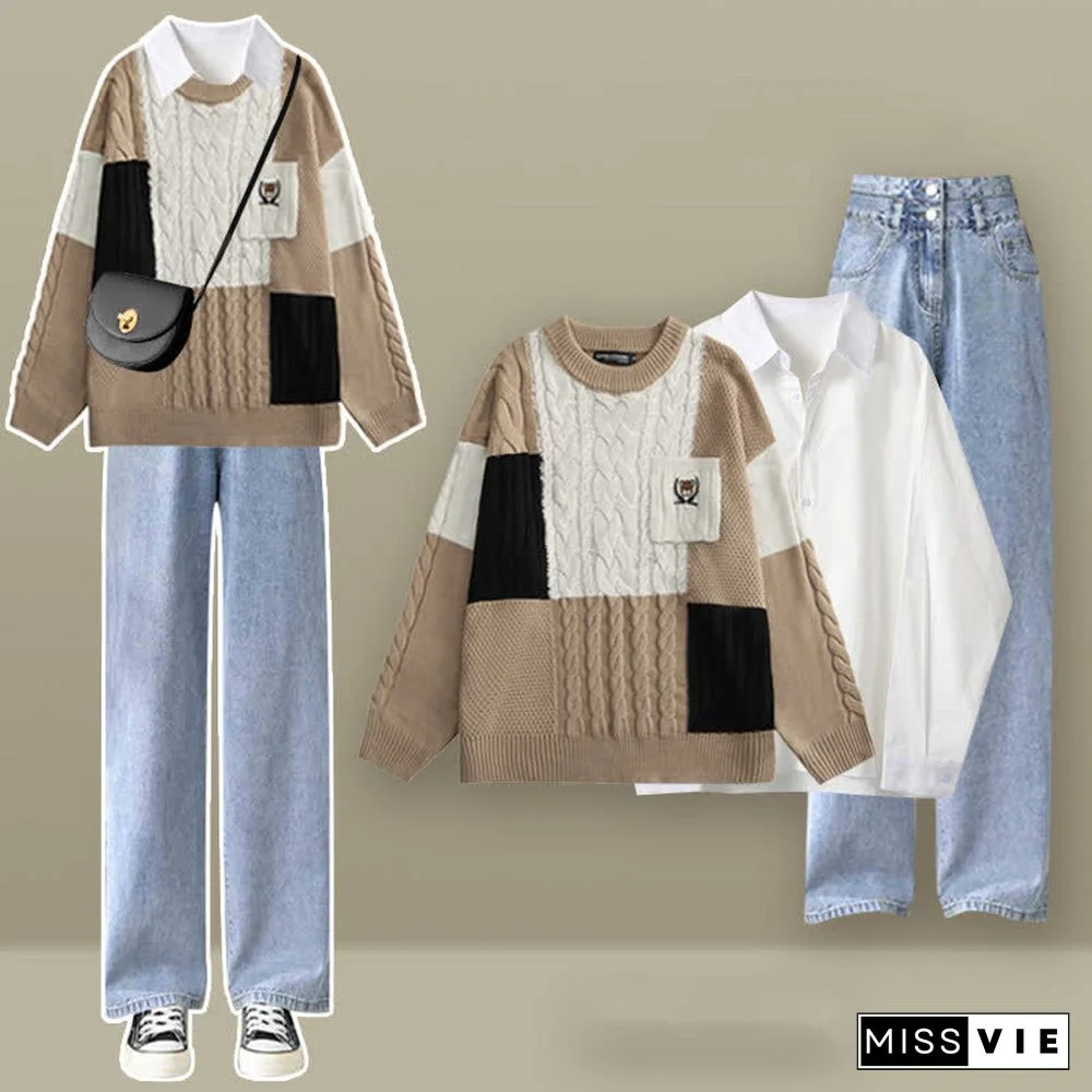 Colorblock Cable Knit Sweater Shirt High Waist Denim Pants Three Pieces