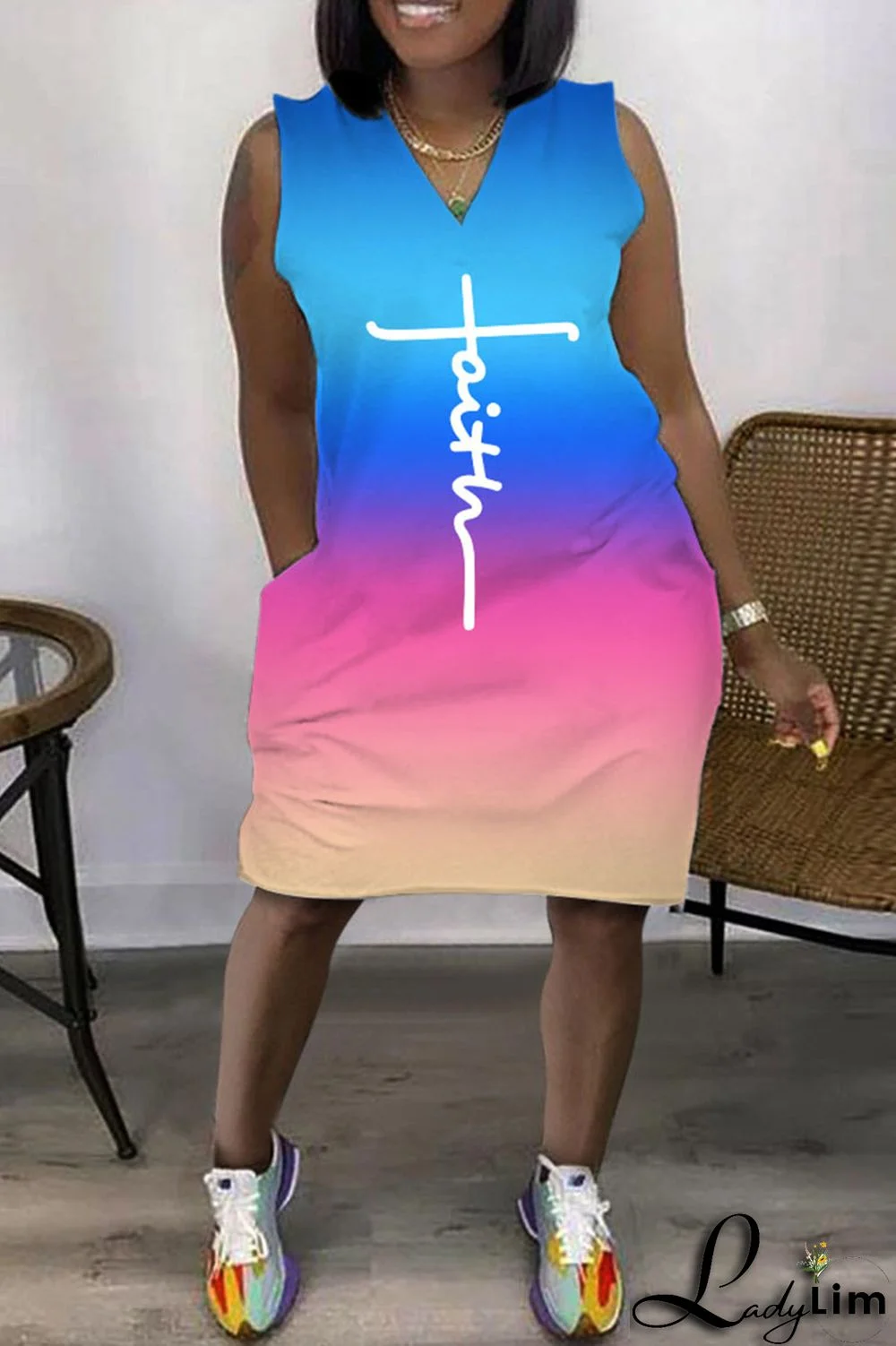 Colour Casual Print Patchwork V Neck Straight Dresses