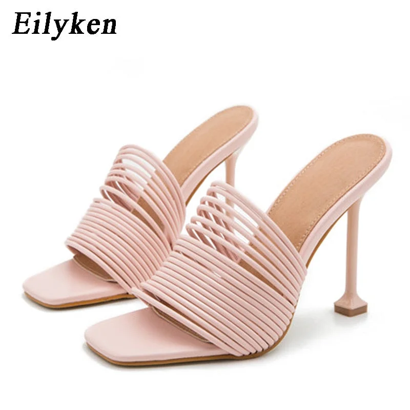 Eilyken Square toe Womens Slipper shoes Summer Mules Sandals Multi knot Sexy high heel Slides Ladies Rome shoes Women Slippers