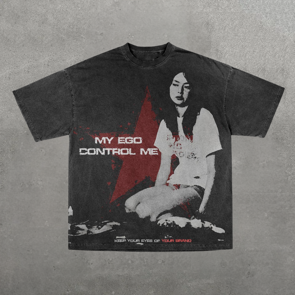Vintage Washed Graphic Tee with "My Ego Control Me" Print T-shirt