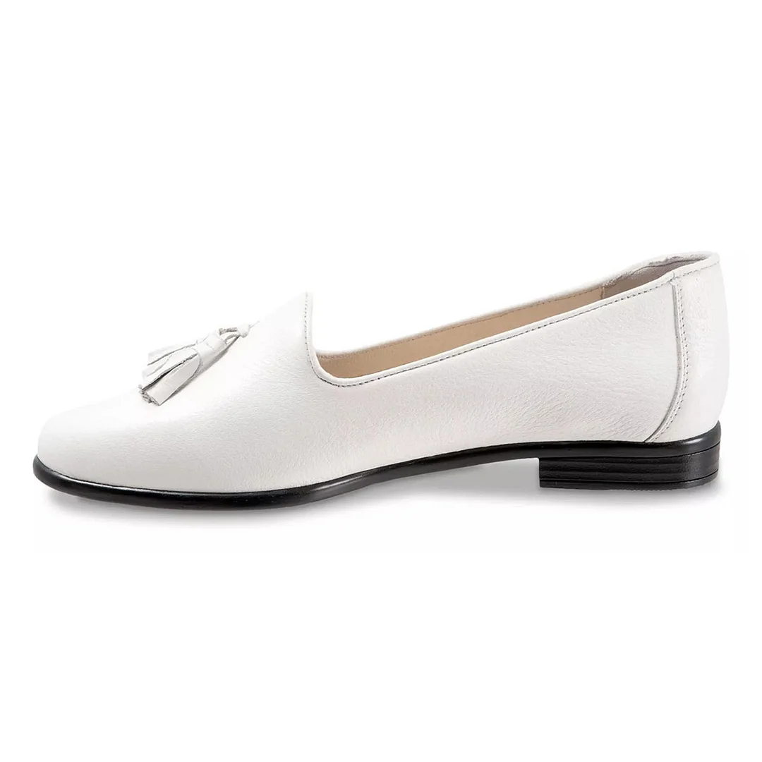 White Vegan Leather Almond Toe Tassel Accents Flat Shoes for Women