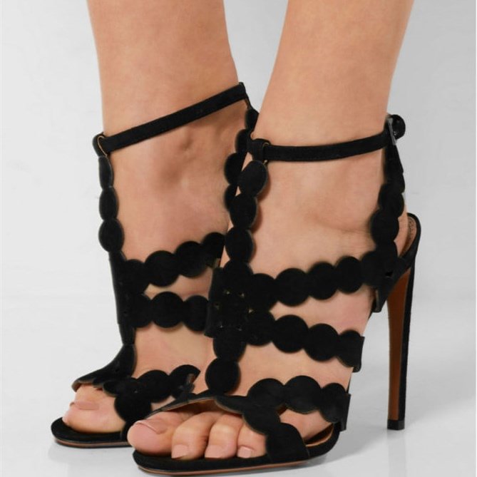 Women's Lelia Black Stiletto Heels Open Toe T Strap Heels Sandals |FSJ Shoes