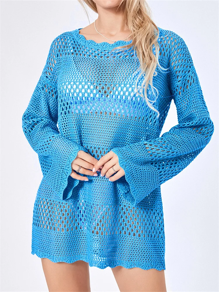 Colourp Women Bikini Cover Ups Knitted Crochet Cutout Long Sleeve Mini Dress for Beach Swimsuit Bathing Suit Summer Beachwear