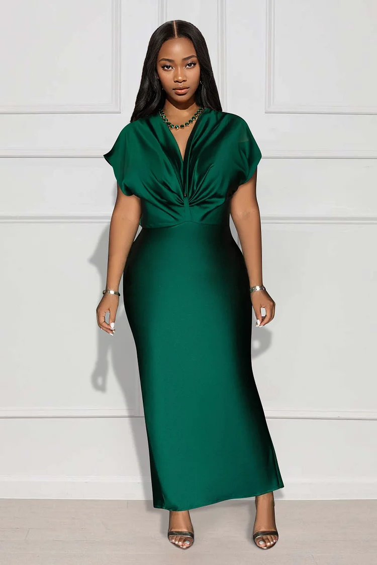Elegant Ruched V Neck Dropped Shoulder Formal Party Bodycon Satin Maxi Dresses-Green