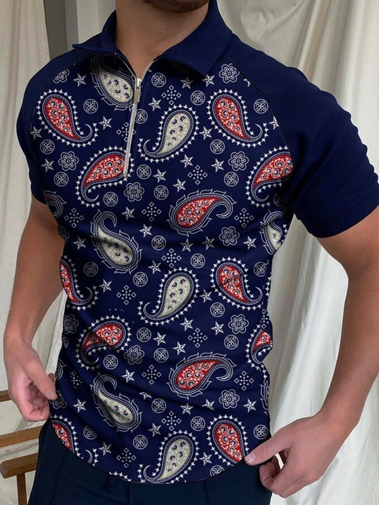 Blue fashion casual cashew Flower Printed polo shirt