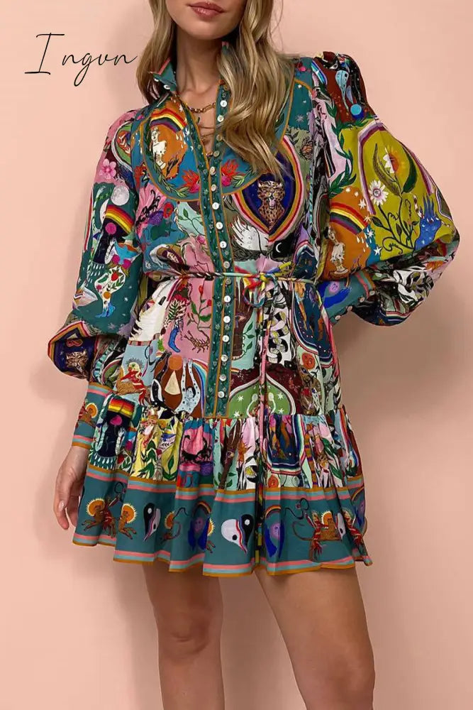 Ingvn - Bohemian Vintage Print Bandage Buckle Mandarin Collar Pleated Dresses Multicolor / S