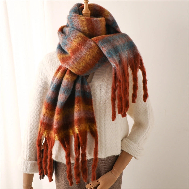Thick Silk Striped Scarf Cashmere-like Winter New Warm Long Fringe Bib Scarf Men's And Women's Scarf Student Shawl