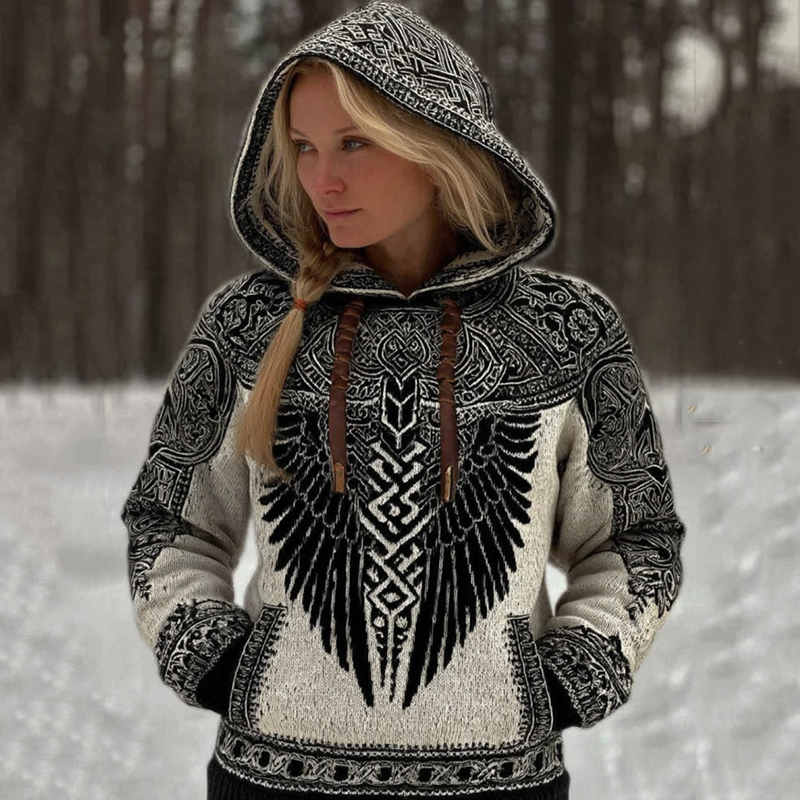 Women's Viking Wing Celtic Art Knit Cozy Hooded Sweater elevenforest