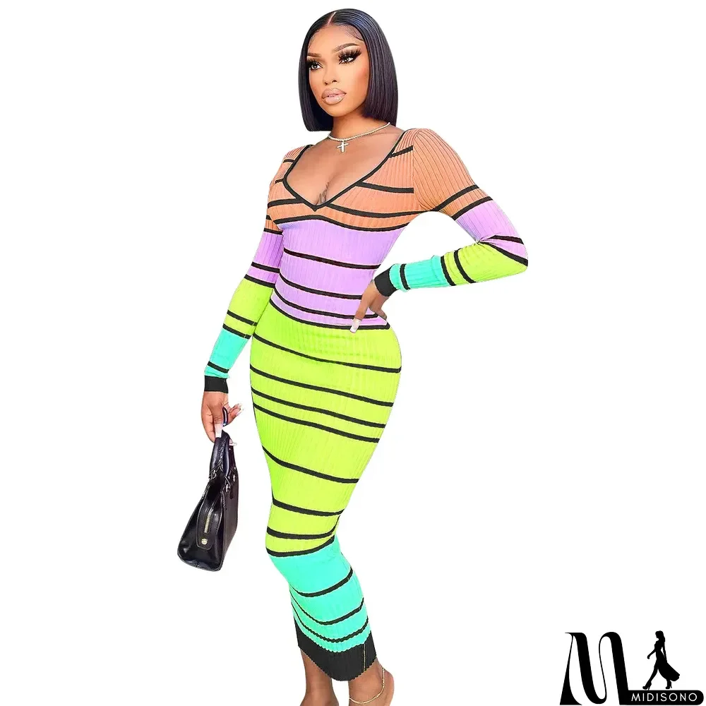 MidiSono - Ladies Sexy Fashion Stripe Long Sleeve V-Neck Low Back Long Dress