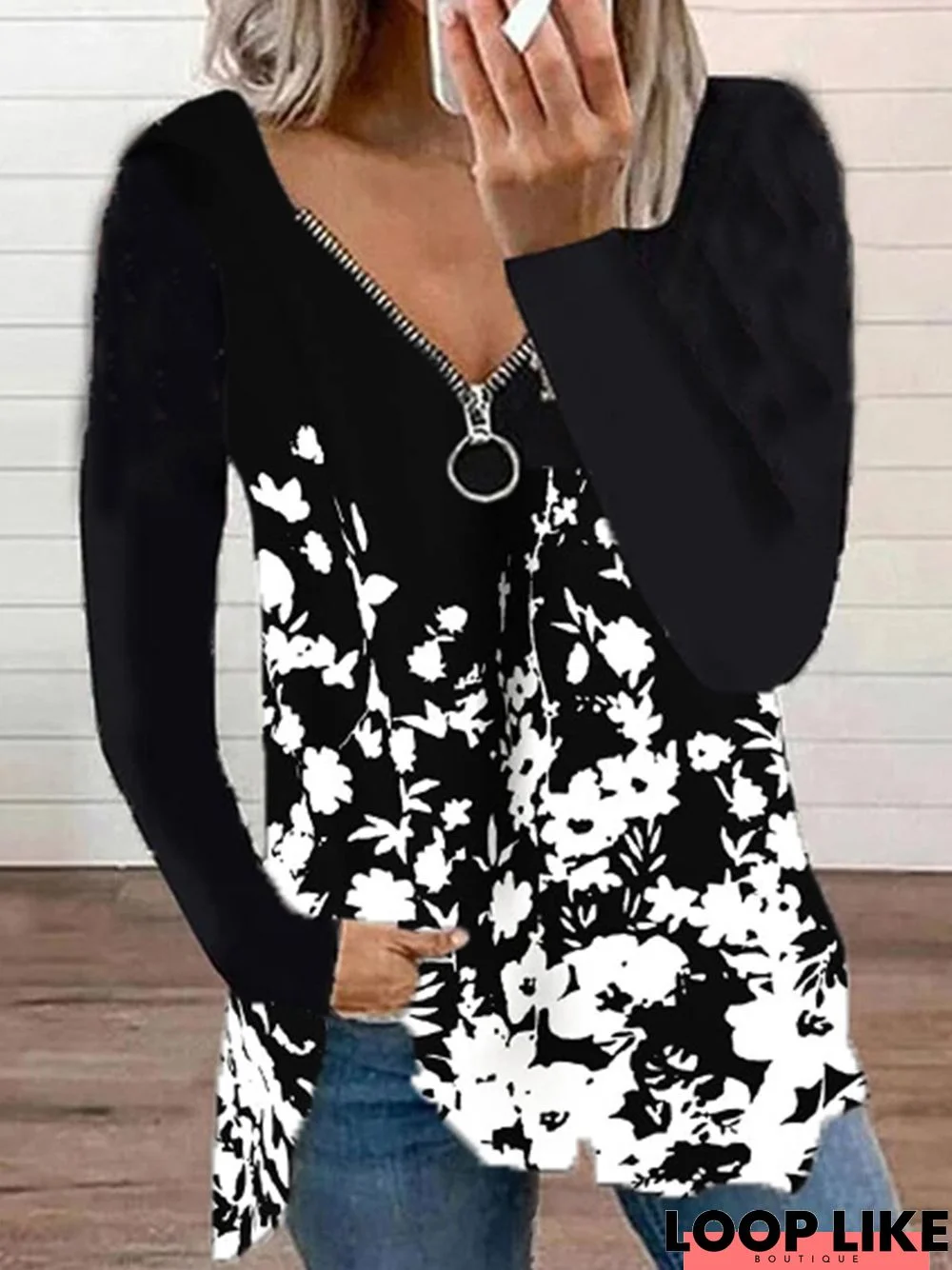 Floral Loosen V Neck Tunic Top