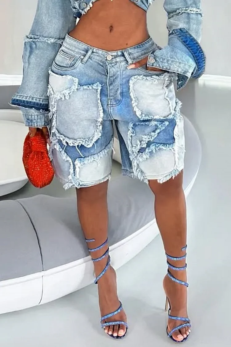 Plus Size Daily Blue Casual Distressed Cargo Denim Jeans [Pre-Order]