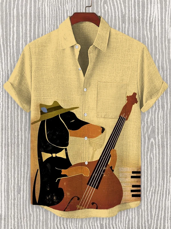 Men's Jazz Dachshund Art Print Linen Blend Shirt