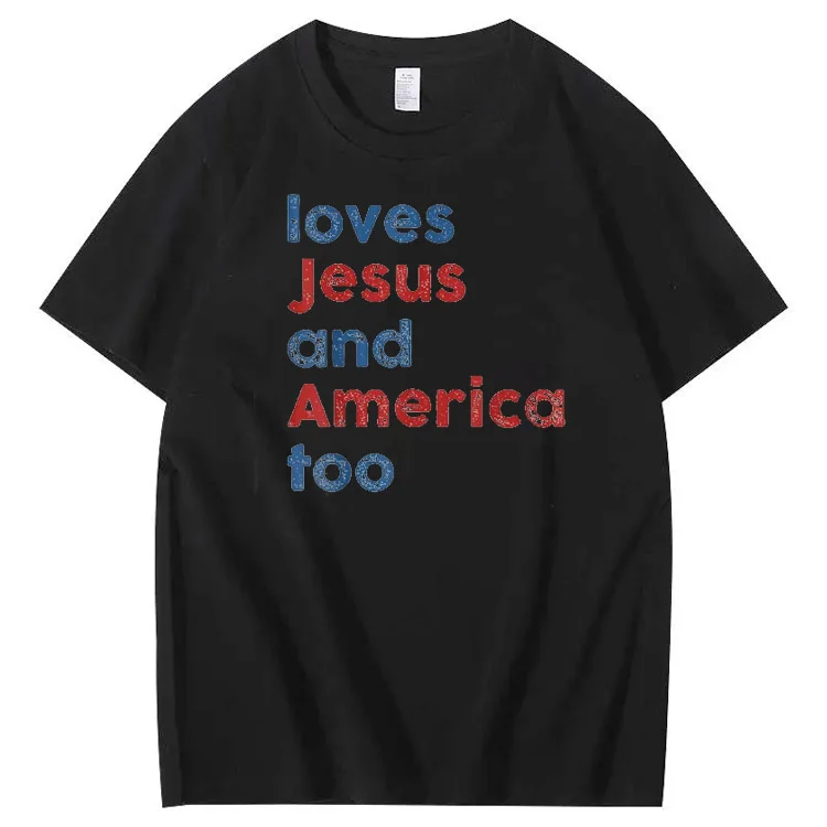 Loves Jesus and America Too Print Pattern Crew Neck T-Shirt