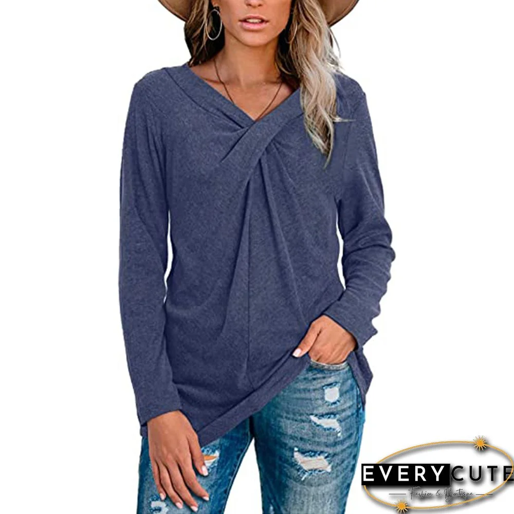 Blue Pleated V Neck Long Sleeve Top