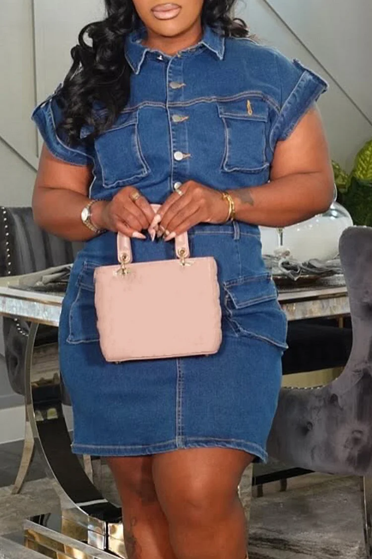 Plus Size Business Casual Blue Shirt Collar Short Sleeve Pocket Roll Tab Denim Mini Dresses [Pre-Order] 2024 - Xpluswear