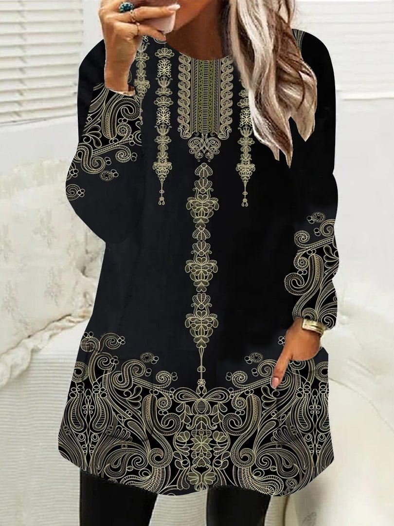 Women Long Sleeve Scoop Neck Printed Graphic Pockets Tops