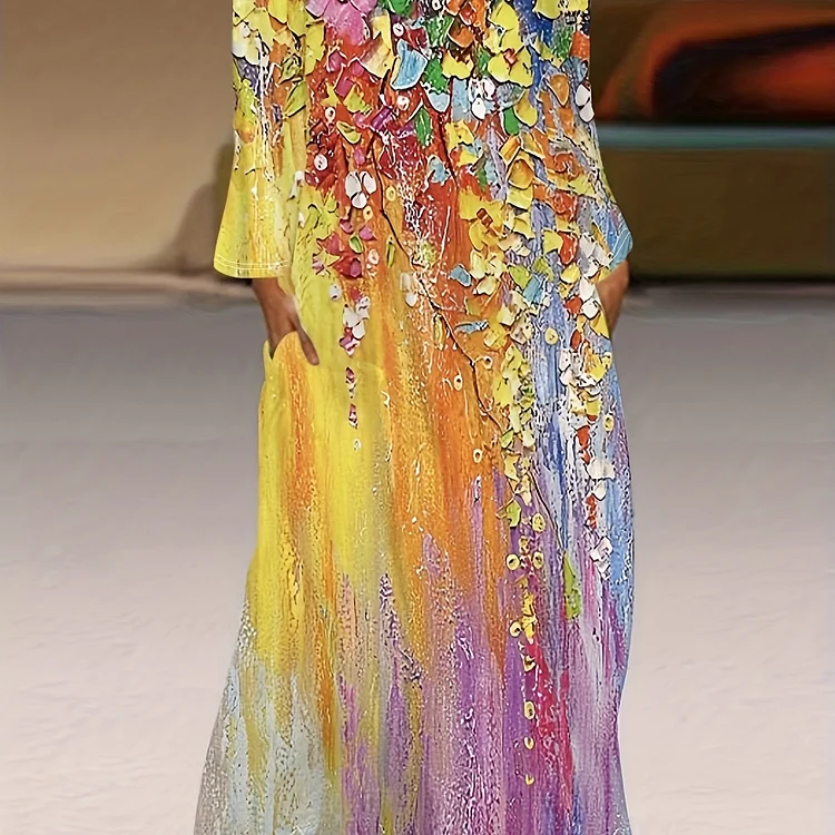 Plus Size Elegant Dress, Women's Plus Oil Painting Print Long Sleeve Round Neck Maxi Dress With Pockets